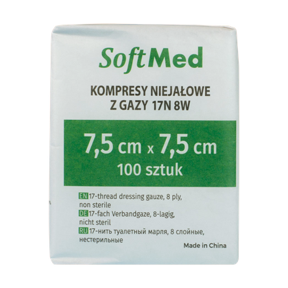 Kompresy gazowe 13. nitkowe 8. warst. 7,5 x 7,5 cm  (100 szt.) - SoftMed